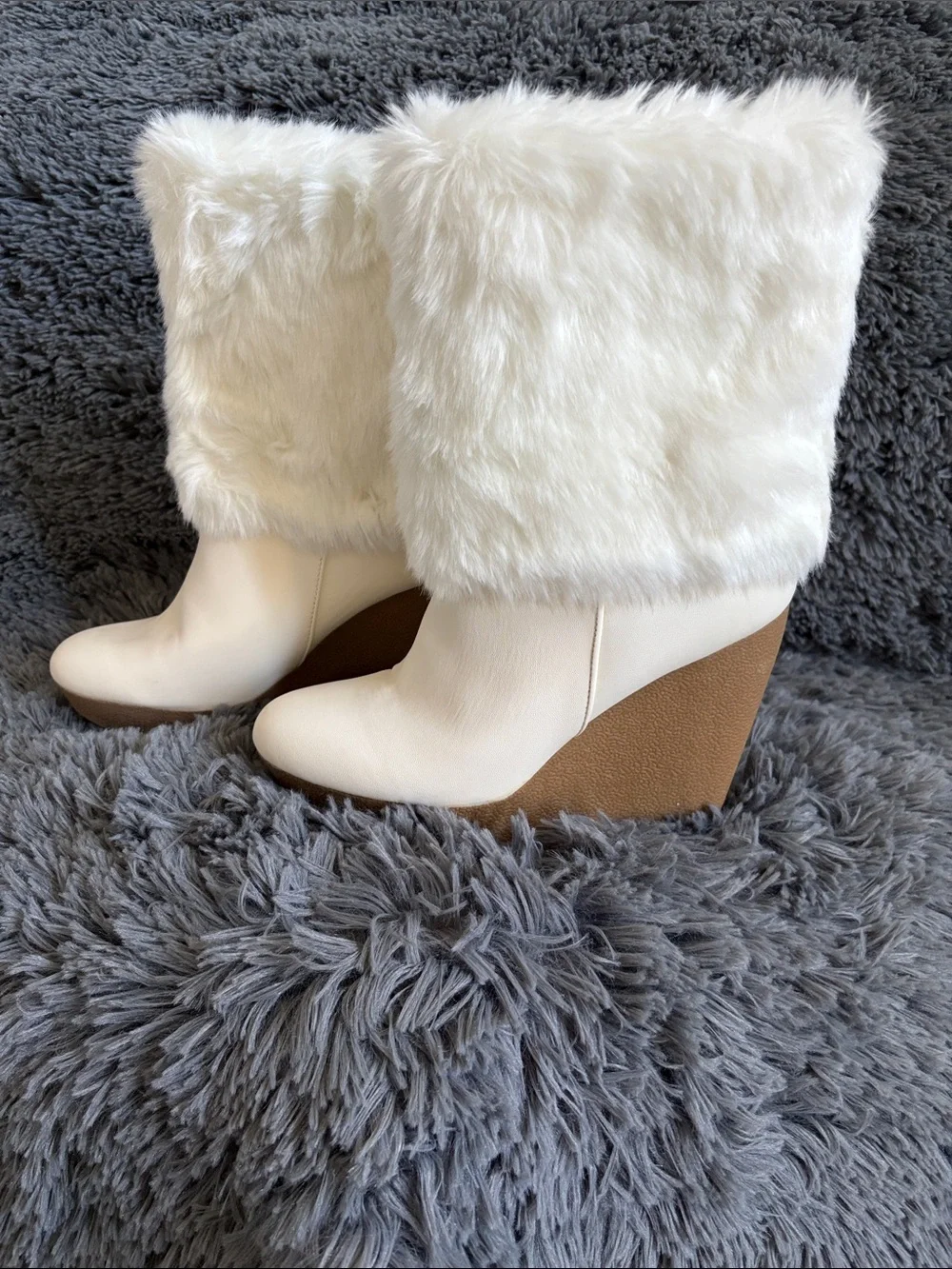 Jennifer Lopez White Faux Fur Wedge Boots with Tan Wedge